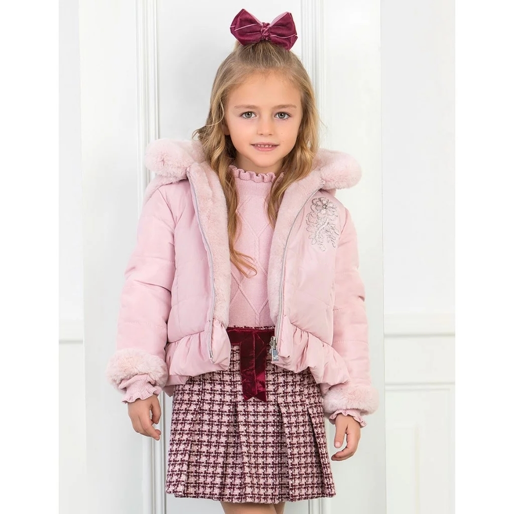 Abel & Lula girls reversible hooded puffer fur coat 4t-5t